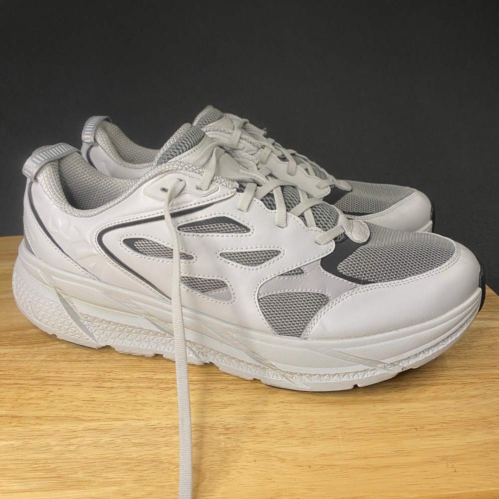 Hoka One One Clifton L Sneakers Men 15 White Grey Leather Mesh Casual Runner